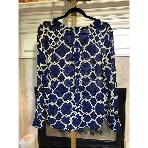 INC International Concepts Women’s Blue White and Black Design Long Sleeve Sheer - Picture 2 of 5